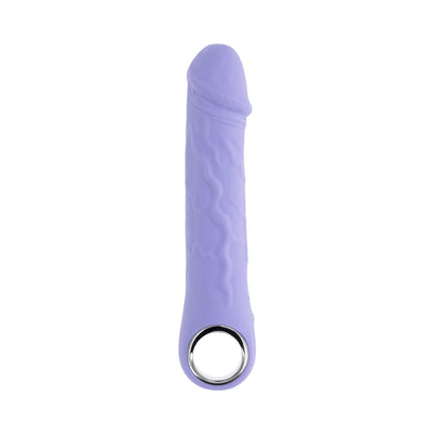Purple silicone vibrator with realistic texture and chrome ring handle, rechargeable and waterproof design.