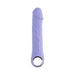 Purple silicone vibrator with realistic texture and chrome ring handle, rechargeable and waterproof design.