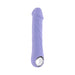 Purple silicone vibrator with realistic texture and chrome ring handle on white background.