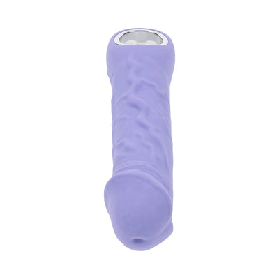 Purple silicone rechargeable vibrator with textured shaft and chrome-finished ring handle on white background.