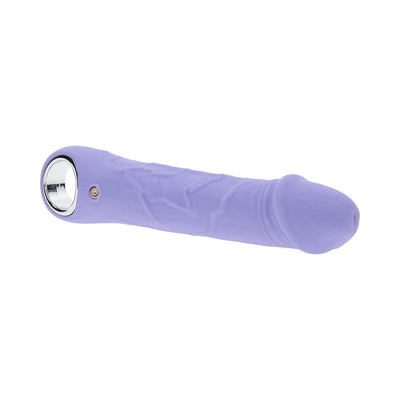 Purple silicone rechargeable vibrator with realistic texture and chrome ring handle on white background