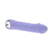 Purple silicone rechargeable vibrator with realistic texture and chrome ring handle on white background
