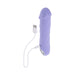 Purple silicone rechargeable vibrator with USB charging cable and chrome ring handle on white background