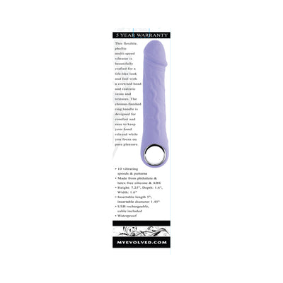 Purple silicone rechargeable vibrator with realistic texture and chrome ring handle, featuring 10 vibration modes and waterproof design.