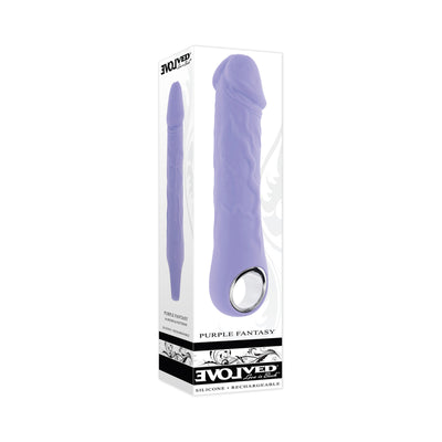 Purple silicone rechargeable vibrator with chrome ring handle shown in packaging box.