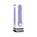 Purple silicone rechargeable vibrator with chrome ring handle shown next to its white packaging box.