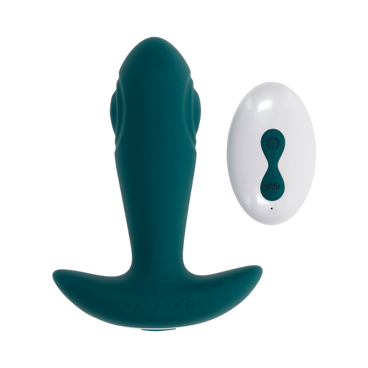 Teal silicone vibrating anal plug with wide base and white remote control with teal buttons.