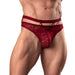 Close-up of a male model wearing a burgundy lace strappy thong with cutout details and floral pattern.