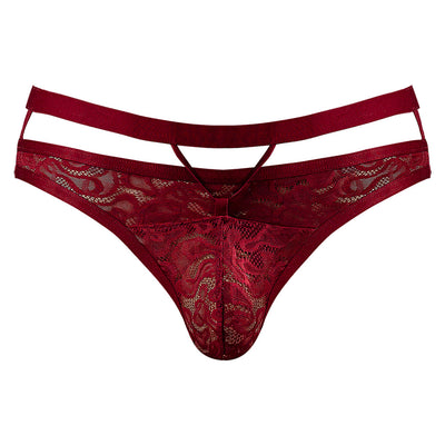 Burgundy lace strappy men's thong with cutout design and floral pattern detailing.