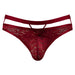 Burgundy lace strappy men's thong with cutout design and floral pattern detailing.