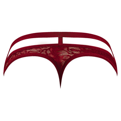 Burgundy strappy thong with cutout design and floral lace detailing by Male Power.