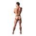 Rear view of a male model wearing a black strappy jockstrap with lace pouch and elastic straps on a white background.