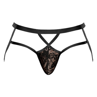 Black lace pouch jock strap with strappy elastic waistband and leg bands for men’s underwear.