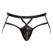 Black lace pouch jock strap with strappy elastic waistband and leg bands for men’s underwear.