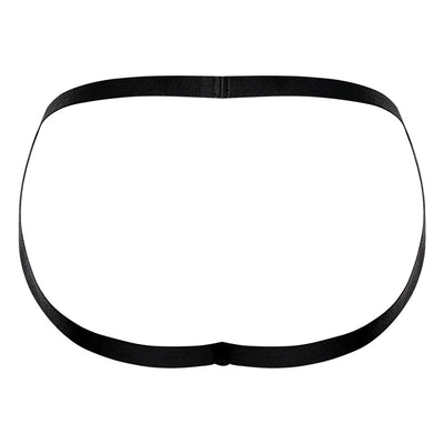 Black strappy jock strap with elastic waistband and minimal coverage back design.