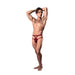 Male model wearing burgundy lace strappy jockstrap with plush elastic bands, posing with arms raised against white background.