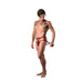 Muscular man wearing burgundy lace strappy jockstrap with plush elastic bands, posing against white background.