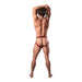 Rear view of a male model wearing a burgundy strappy jockstrap with lace pouch and elastic bands.