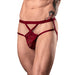 Male model wearing burgundy lace strappy jockstrap with elastic waistband and leg straps.