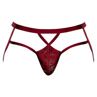 Burgundy strappy jockstrap with lace pouch and elastic waistband from Male Power Lucifer collection.