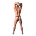 Rear view of a male model wearing a black marble mesh mini thong with a low-cut waist and T-back design.
