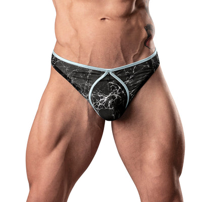 Male model wearing black marble mesh mini thong with light blue trim, showcasing a low-cut waist and contoured pouch design.