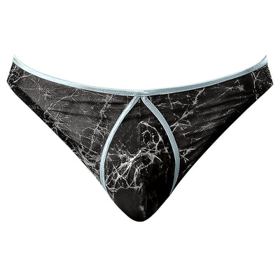 Black marble mesh mini thong with light blue trim and enhanced front pouch for men.