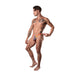 Male model wearing multicolor semi-sheer mesh burnout thong with lace effect, posing against white background.