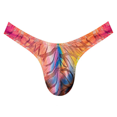 Multicolor semi-sheer mesh thong with wavy burnout lace pattern and low-cut waist by Male Power.