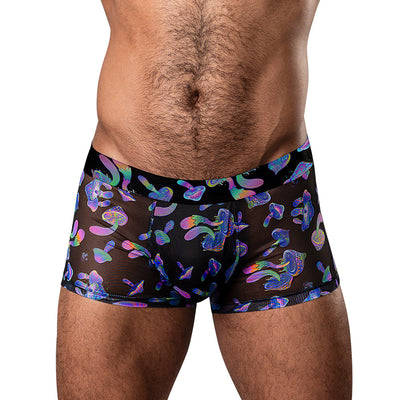 Close-up of a man wearing black mesh pouch shorts with colorful holographic mushroom patterns.