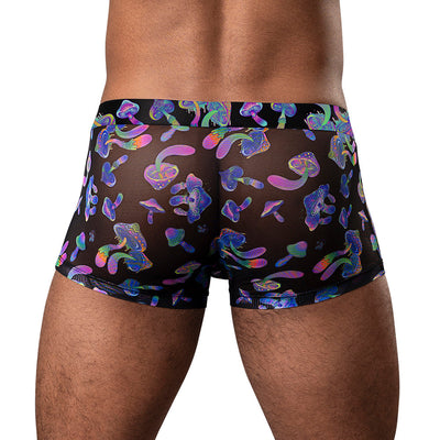Rear view of male wearing black sheer pouch shorts with colorful psychedelic mushroom print.