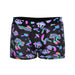 Men's black pouch shorts with colorful psychedelic mushroom print and a comfortable waistband.