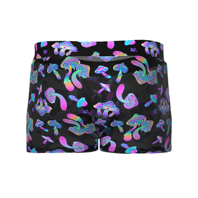Black pouch shorts with vibrant neon psychedelic mushroom pattern for men’s comfort and style.