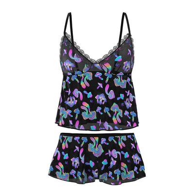 Black mesh cami and shorts set with colorful rainbow mushroom print and lace trim, size L/XL.