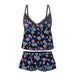 Black mesh cami and shorts set with colorful rainbow mushroom print and lace trim, size L/XL.