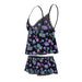 Black mesh cami and shorts set with colorful psychedelic mushroom print and delicate lace trim, size L/XL.