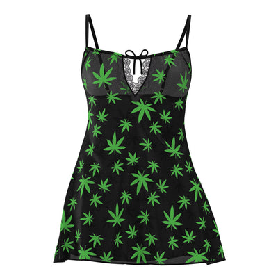 Black mesh dress with green pot leaf pattern, adjustable straps, lace trim, and front tie detail.