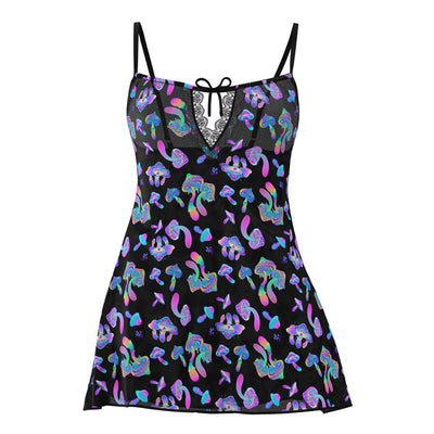 Black mesh dress with colorful neon mushroom print, lace detail, and adjustable thin straps.