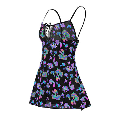 Black mesh dress with colorful neon mushroom print, adjustable straps, and lace detail at the neckline.
