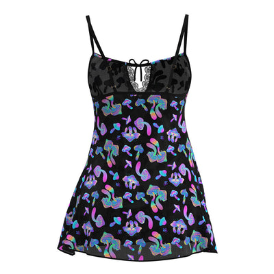 Black mesh dress with adjustable straps featuring colorful psychedelic mushroom patterns and lace detail at the bust.