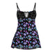 Black mesh dress with adjustable straps featuring colorful psychedelic mushroom patterns and lace detail at the bust.