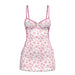Sheer white mesh dress with pink daisy print, adjustable pink straps, and a small daisy detail at the bust.