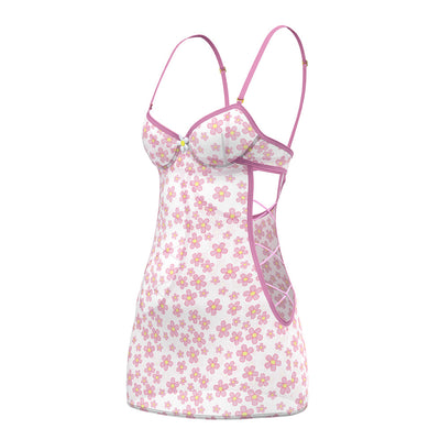 Sheer white mesh dress with pink daisy print, adjustable lilac straps, and side cutouts with crisscross detailing.