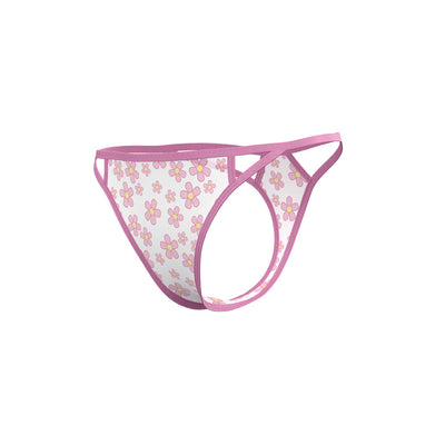 Sheer pink mesh tanga with playful retro daisy print and delicate strap detailing.