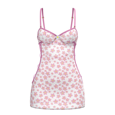 Queen size sheer mesh dress with pink daisy print, adjustable lilac straps, and floral accent at bust center