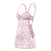 Sheer white mesh dress with pink daisy print, adjustable lilac straps, and side cutouts with crisscross detail.