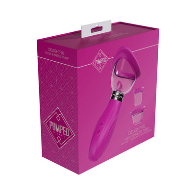Packaging box of the Pumped Delightful Automatic Rechargeable Vulva & Breast Pump in vibrant pink with product image and accessory cups shown.