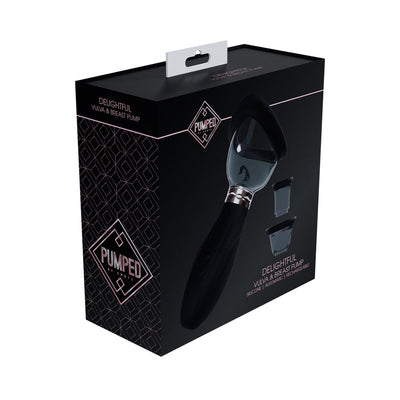 Packaging box for Pumped Delightful Automatic Rechargeable Vulva & Breast Pump with product image and accessories shown.