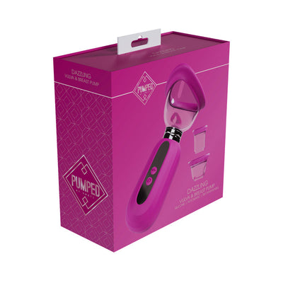 Pumped Dazzling automatic rechargeable vulva and breast pump in pink with silicone cups shown on vibrant purple packaging box.