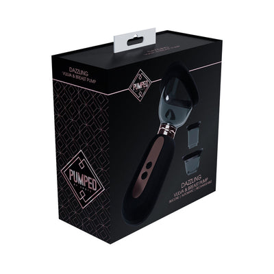 Packaging box of the Pumped Dazzling Automatic Rechargeable Vulva & Breast Pump with device and two additional silicone cups shown.